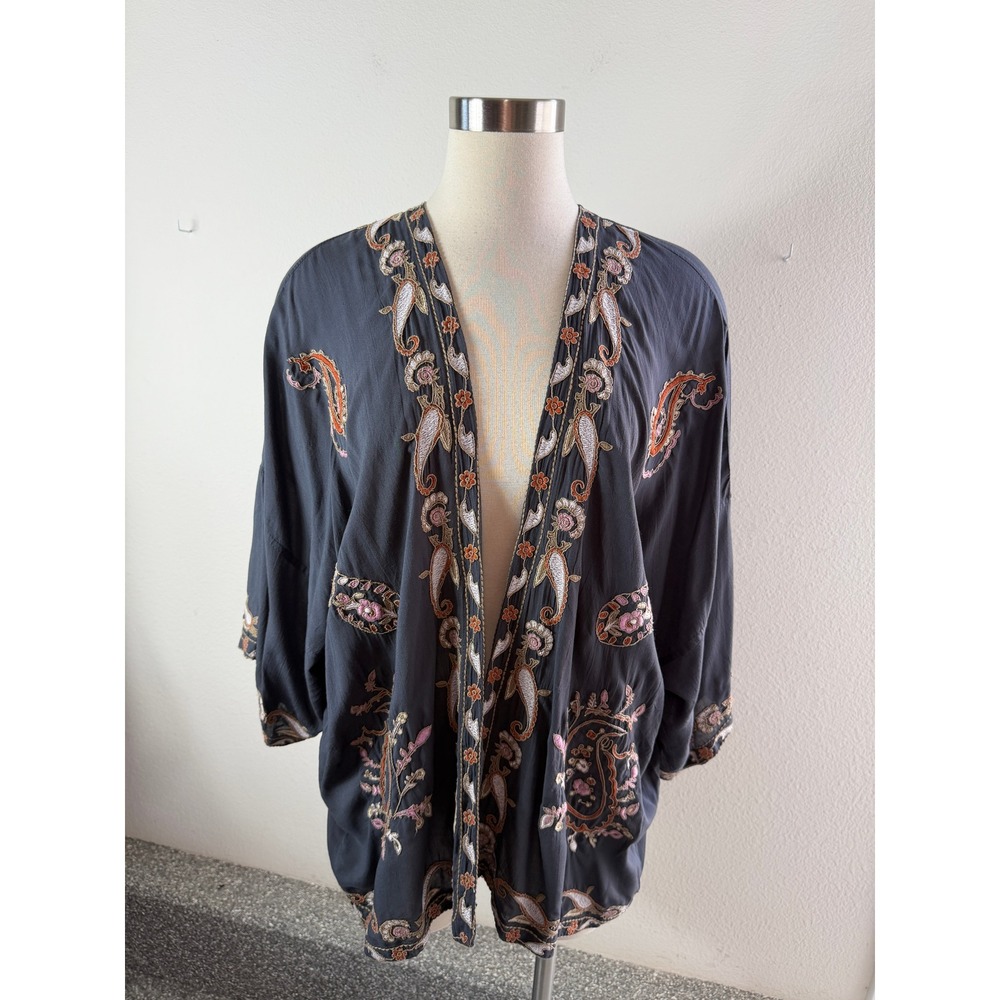 Pure J Jill Womens S-L Black Embroidered Rayon Tunic Boho 3/4 Sleeve Cardigan